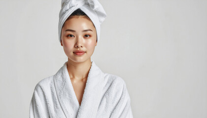 Radiant Asian woman with towel wrapped hair and plush robe ready for skincare routine, promoting self-care, relaxation, and beauty in spa-like setting