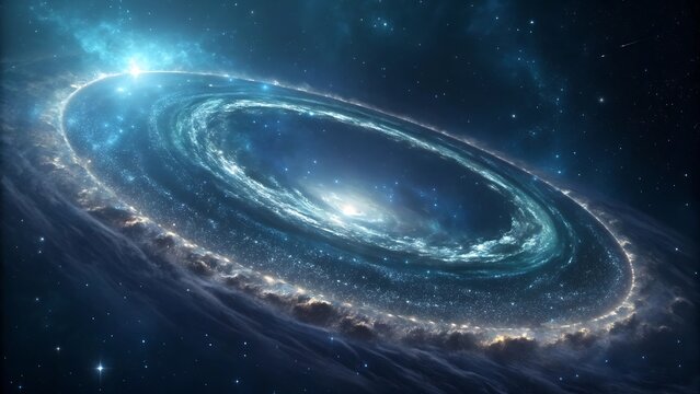 Vibrant blue spiral galaxy with bright core in deep space