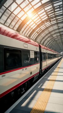 High-speed red train arriving at a modern railway station platform, illuminated by warm sunlight, showcasing sleek design and advanced technology in transportation	