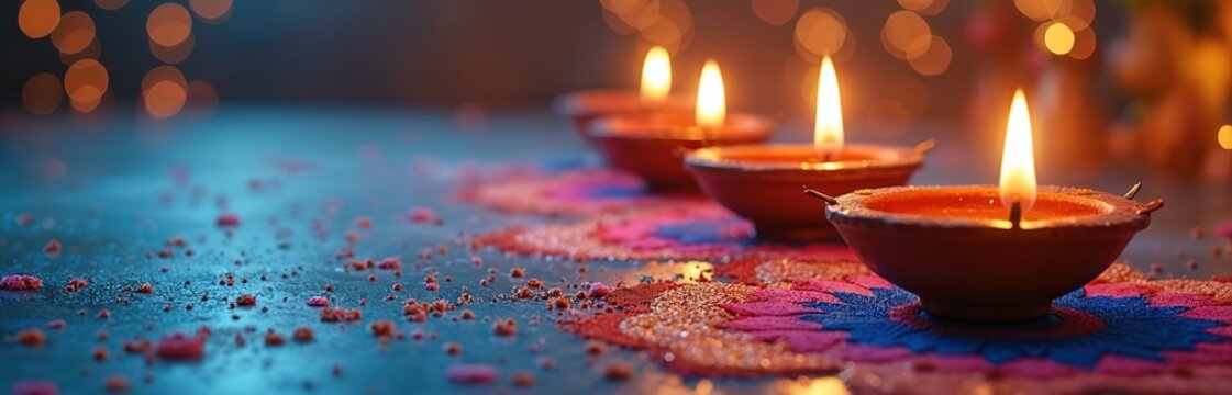 Diwali celebration photo. Warm light illuminates clay diyas with burning flames. Colorful rangoli patterns are around them. Blurred bokeh effect adds festive mood to the artwork. - Powered by Adobe