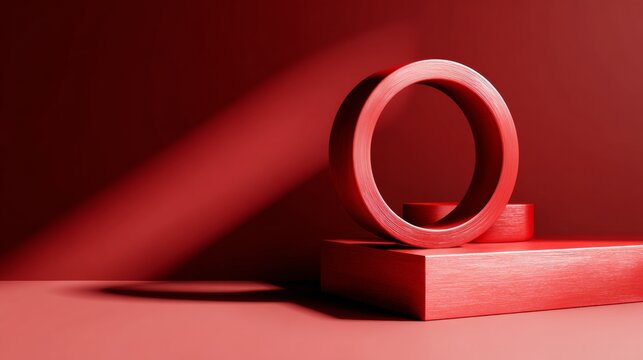 Red geometric circle and pedestal set on bold minimal fashion photography background