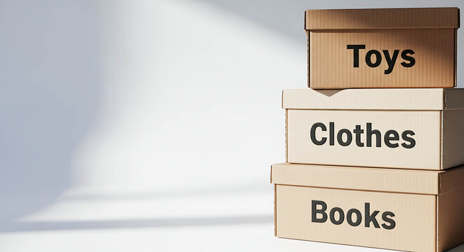 Stacked cardboard boxes labeled toys, clothes, and books on surface  