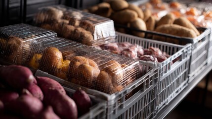 Supermarket bakery cart full of assorted fresh bread and pastries on display