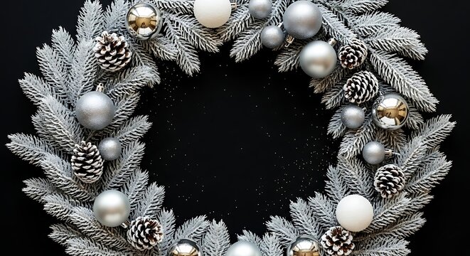 Elegant silver and white Christmas wreath with ornaments and pine cones on black background