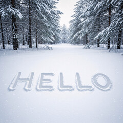 Hello written in snow in a winter forest with snow covered trees