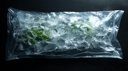 Fresh herbs frozen in ice block sealed in transparent vacuum plastic packaging