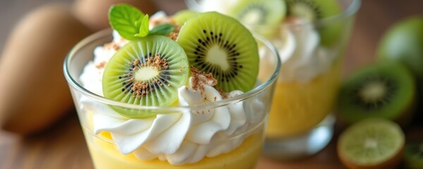 Sweet kiwi cream dessert in glasses. Layers of yellow custard, white whipped cream, and fresh kiwi slices topped with cinnamon. Served in clear glasses, close up view.