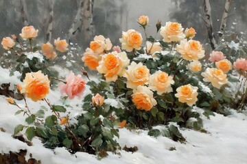 Fototapeta premium Oil painting of roses covered with snow, created in a vintage classical impressionist style, suitable for editorial and decorative use