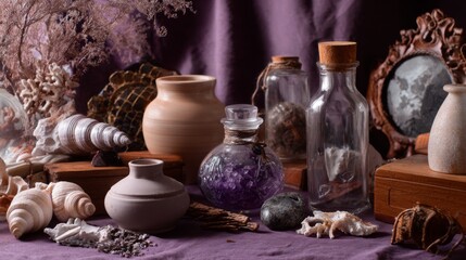Fototapeta premium Mystical still life with crystals, jars and clay pottery on violet fabric backdrop