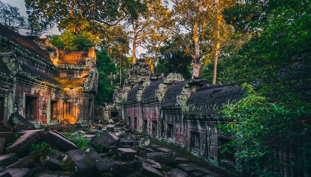 Ancient stone temple ruin in a dense jungle with trees growing on top, moss, and scattered rubble blocks