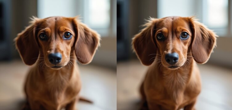 Brown dachshund dog before and after AI blur removal for sharper image clarity. Image enhanced with digital tech, focus improved, pet details sharpened.