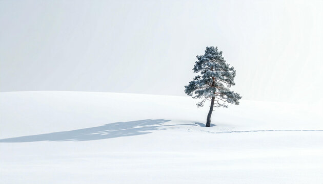 A solitary evergreen tree casts a long shadow on a snow-covered landscape. - Powered by Adobe