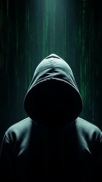 Mysterious figure in dark hoodie sits at computer, illuminated by green binary code, creating an atmosphere of secrecy and intrigue in the digital world of hacking and cybersecurity	