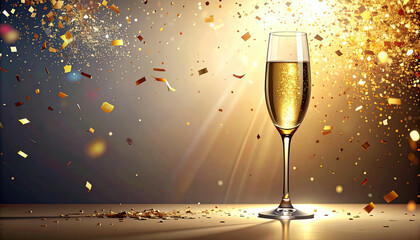 A champagne flute filled with bubbly liquid, celebratory confetti falling in a golden light.