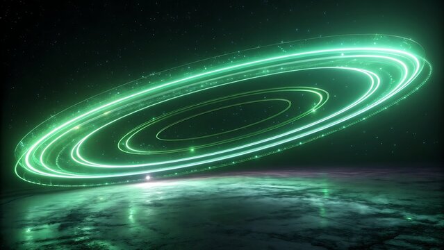 Abstract green neon light ring swirls over reflective surface