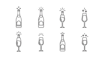 Collection of celebratory champagne bottles and glasses in a charming silhouette style © Tanvir