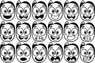 Cartoon faces expressing various emotions, black and white icons