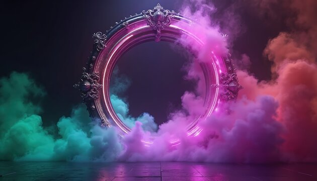 Abstract artwork features ornate frame engulfed in colorful vapor. Purple, green smoke surrounds metallic ring creating mysterious surreal scene. Concept for artistic expression background design - Powered by Adobe