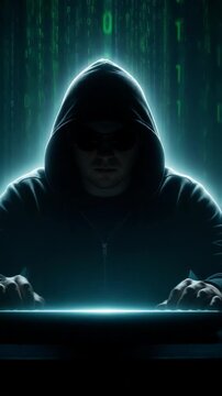 Mysterious figure in dark hoodie sits at computer, illuminated by green binary code, creating an atmosphere of secrecy and intrigue in the digital world of hacking and cybersecurity	