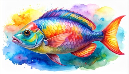 Fototapeta premium Realistic watercolor painting of a colorful fish on white background, artistic marine life illustration.
