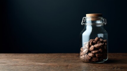 Glass jar filled with nuts placed on dark wooden tabletop background