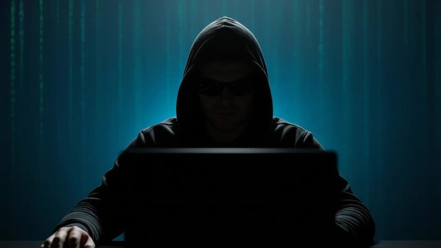 Mysterious figure in dark hoodie sits at computer, illuminated by green binary code, creating an atmosphere of secrecy and intrigue in the digital world of hacking and cybersecurity	