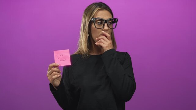 Woman wearing glasses holding pink sticky note with smiley near face in purple studio; thoughtful reflection. - Powered by Adobe