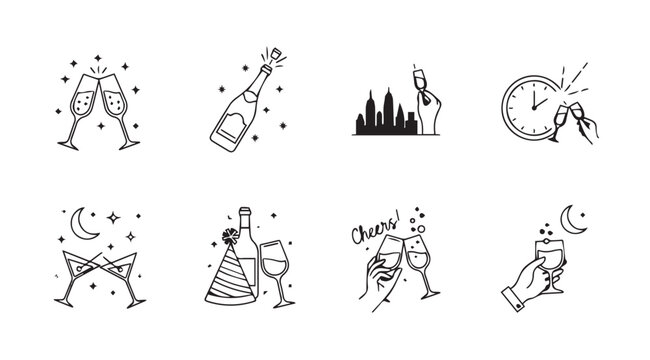 New year s eve celebration icons featuring champagne toast and cityscape silhouette