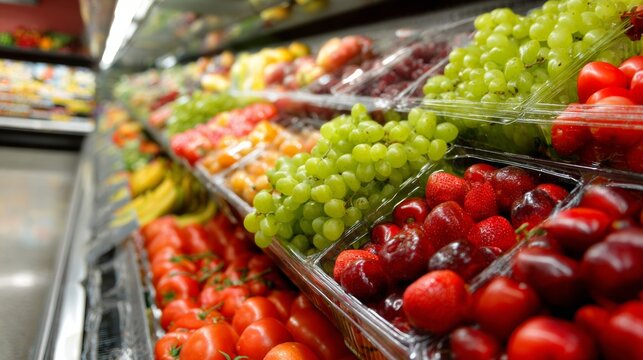 Supermarket produce section filled with grapes and cherry tomatoes - Powered by Adobe