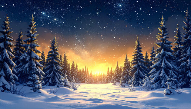 Snowy forest landscape with snow-covered pine trees under a starry night sky and a bright, warm sunset glow on the horizon.
