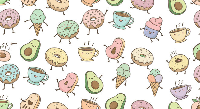 Playful kawaii food pattern donuts coffee avocados ice cream and cupcakes create a fun delicious background for food blogs and cheerful designs.