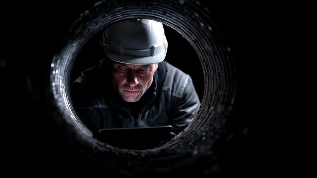 A worker in a hard hat examines the interior of a tunnel. The setting suggests a safety inspection in an underground environment. The worker shows concentration and professionalism.