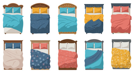 Stylish beds arranged from top view perfect for interior design projects showcasing bedroom furniture arrangement modern household and cozy line art.