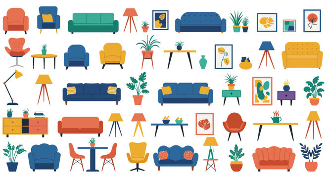 Modern furniture arrangement featuring sofas armchairs and plants for interior design projects creating a cozy and stylish home environment