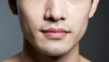 Fototapeta premium Captivating close-up of a man's lips and nose, showcasing clear, healthy skin and a subtle stubble for a natural, masculine aesthetic.