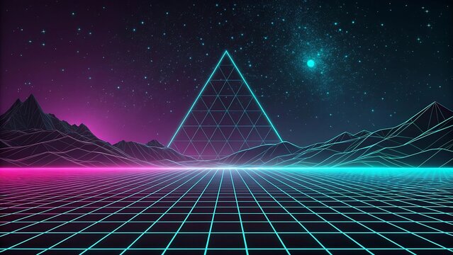 Retrofuturistic landscape with neon pyramid and grid floor under starry sky
