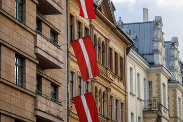 Latvian National Flag Displayed on City Buildings