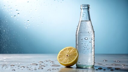 Clear glass bottle of sparkling water with lemon slice and water droplets