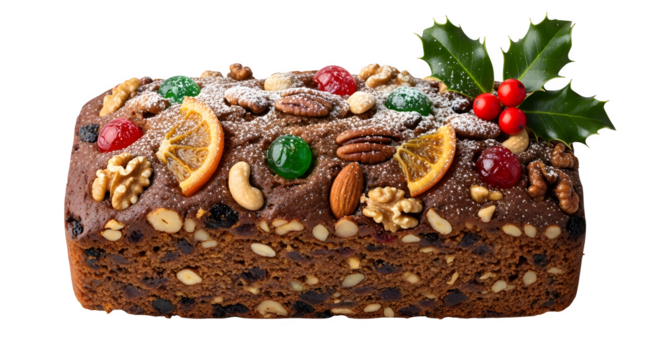 Traditional Christmas Fruitcake with Holly, isolated on transparent background
