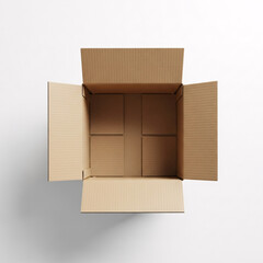 Top view of an open empty cardboard box isolated on white background