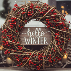 Festive hello winter wreath with red berries and a rustic wooden sign