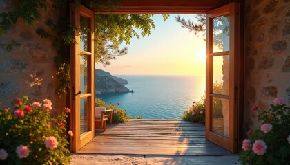Open wooden doors frame a tranquil sea view at sunset. Flowers bloom on a stone villa terrace. A wooden deck overlooks blue ocean water and distant cliffs.