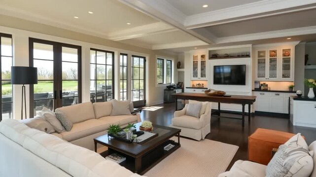 A spacious and modern cape cod living room with large windows, comfortable sofas, and a stylish coffee table, featuring a flat-screen TV and a dining area in the background