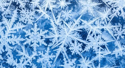 Detailed close-up of intricate ice crystals forming snowflakes on blue background