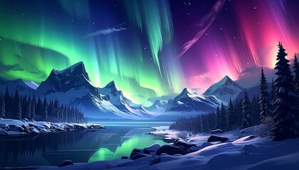 Breathtaking aurora borealis over snowy mountains, reflecting on a calm lake surrounded by pine trees