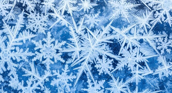 Detailed close-up of intricate ice crystals forming snowflakes on blue background - Powered by Adobe