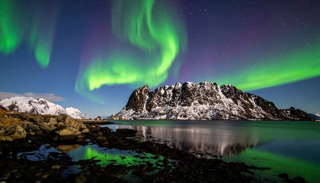Breathtaking view of the Aurora Borealis above snow-covered mountains reflecting in calm water at night - Powered by Adobe