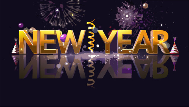 New year celebration with golden text, party hats, balloons, confetti and fireworks in the background - Powered by Adobe