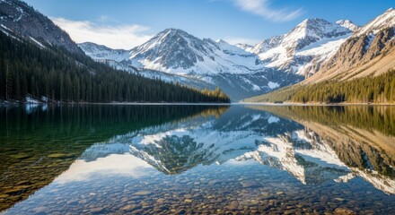 Fototapeta premium Reflections of Snow-Capped Mountains in a Serene Lake.