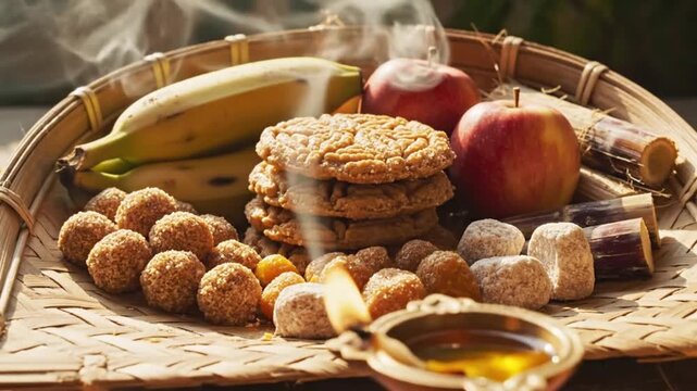 A traditional Indian offering of fruits, sweets, and sugarcane on a woven tray, with a small oil lamp in the foreground.